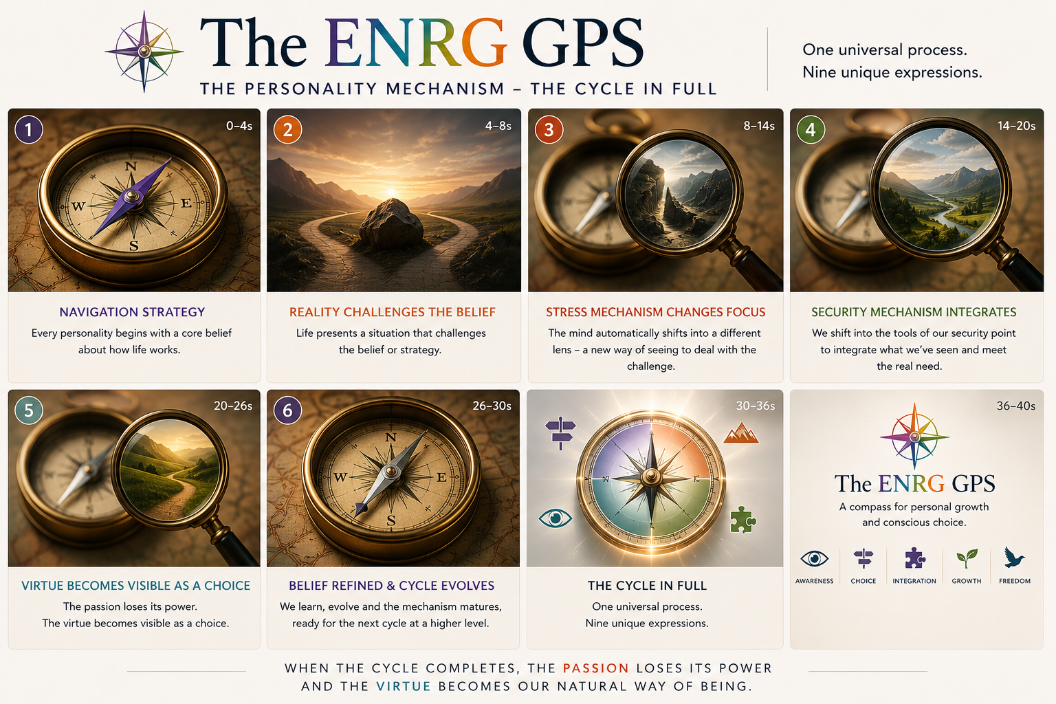 The ENRG GPS Personality Mechanism — a six-stage cycle showing how the stress and security lines work automatically, with virtue becoming visible as a choice when the cycle completes.